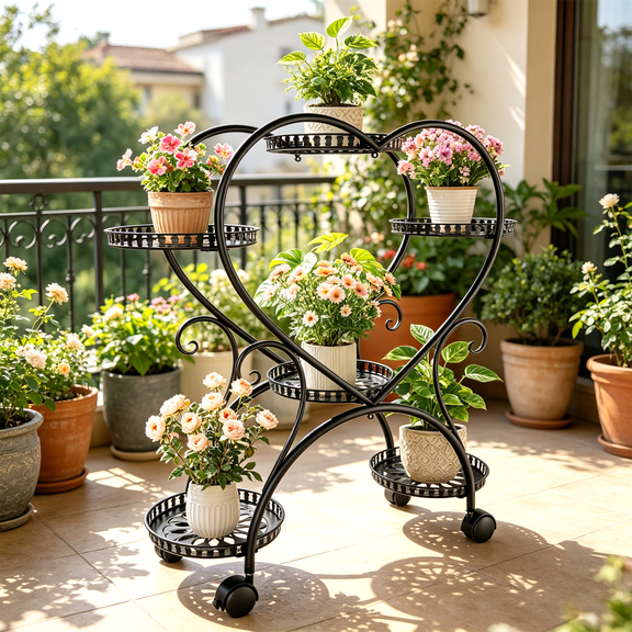 6 Pots Metal Wheeled Flower Shelf Heavy Duty Plant Stand Heart-Shape for Garde Patio Balcony Decorative, Black, 22.83x11.02x31.69 inch