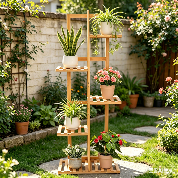 6 Pots Vertically Bamboo Plant Stand Stepped Flower Shelf Rack