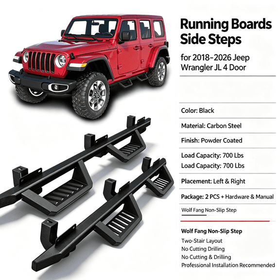 6" Powder Coated Running Boards Side Steps Nerf Bars for 2018-2026 Jeep Wrangler JL 4 Door, Carbon Steel 700 Lbs Load Capacity 2PCS
