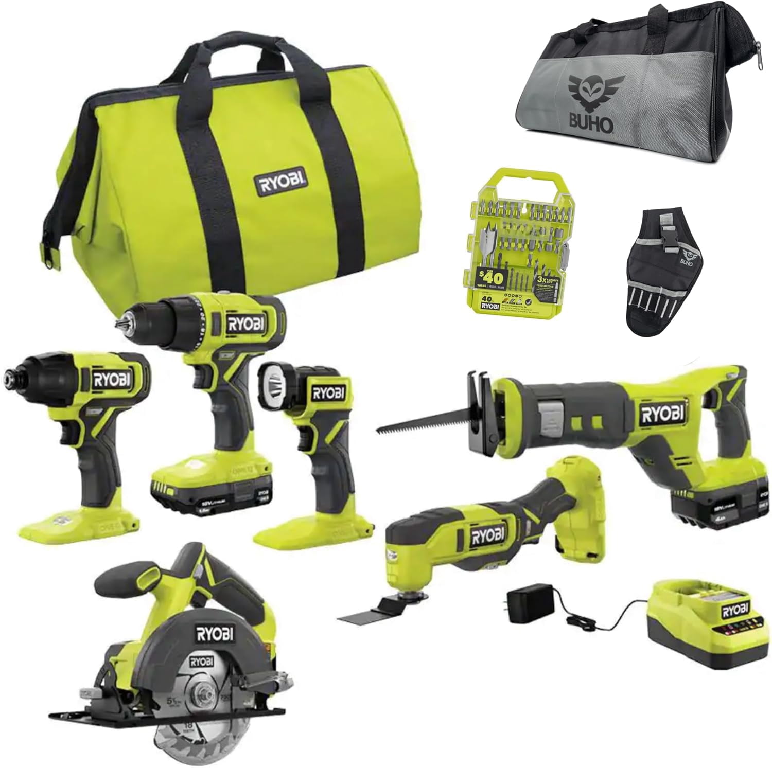 6 Power Tools Combo Kit Bundle with 6 Ryobi Tools, 2 Batteries, Charger, 40 Piece Drill Bit Set, and Buho Tool Bag and Holster