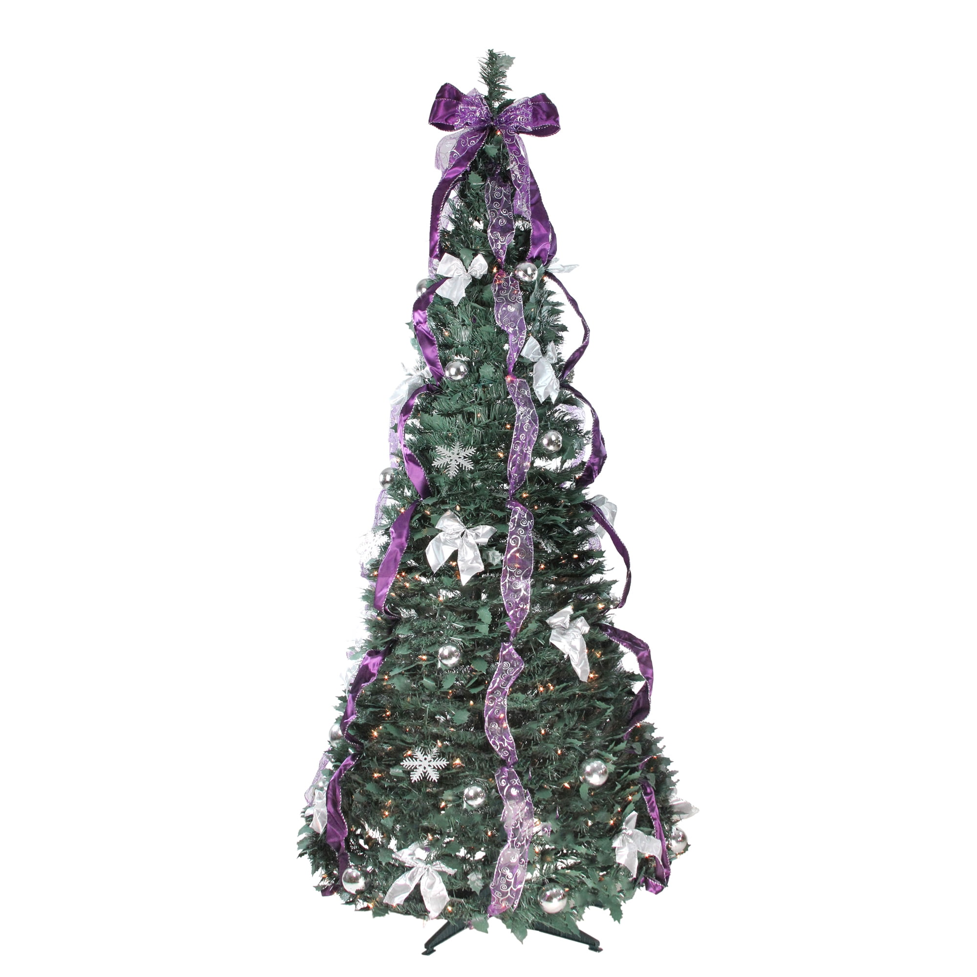 6 Pre Lit Purple and Silver Pre Decorated Pop Up Artificial