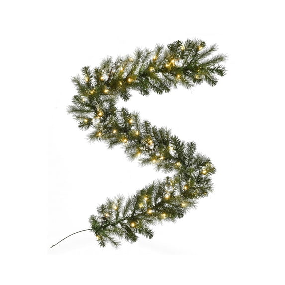 6' Pre-lit Snow Dusted Nulato Pine Garland with Silver Ornaments Glitter Berry Clusters