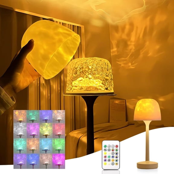 6 Preset Mood Light Lamp - Water Ripple Projection & Dimmable Table Lamp with Remote/Tap Control2-in-1 Table Light & Projection Lamp for Bedroom/Bathroom,RGB Ocean Projection Light