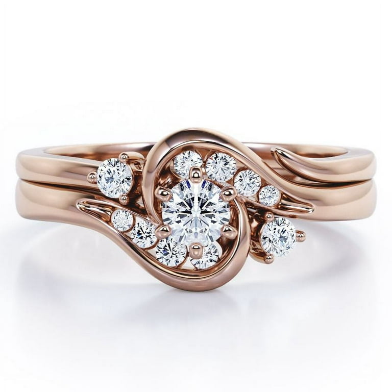 6 Prong Tension Design - 0.33 TCW Round Shaped Diamond - Flush Chanel  Wedding Ring Set - 10K Rose Gold 