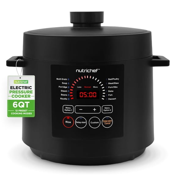 NutriChef Electric Pressure Cooker 6 Quart Capacity - 9 Function Digital Countertop Pressure Cooker - Adjustable Time & Temperature - Cook, Bake, Steam, & Braise - 13.1 x 11.4 IN - Black
