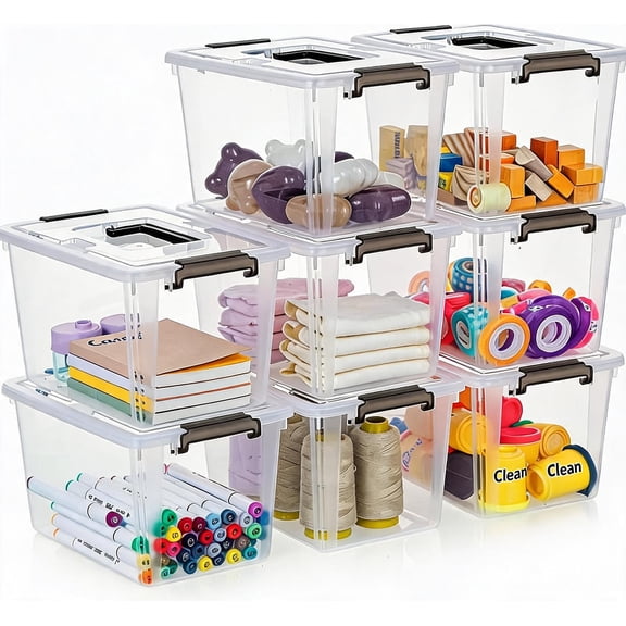 6 QT Plastic Storage Bins with Latching Lids Clear Stackable Containers with Handles (8 Pack)