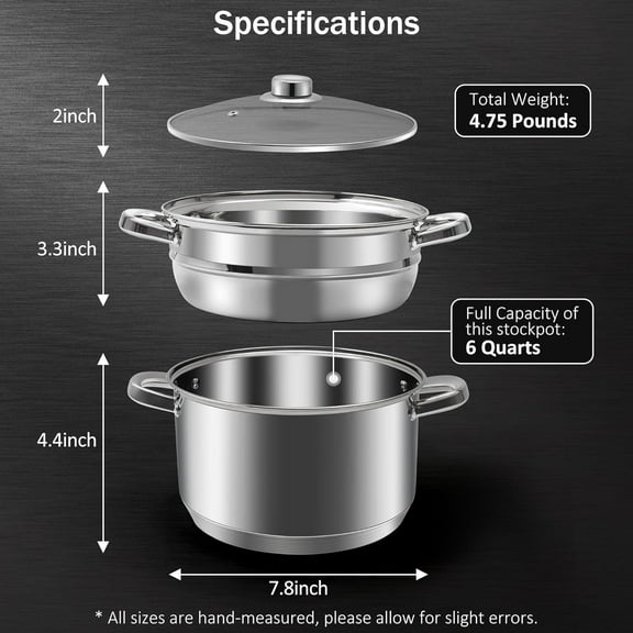 6 QT Stainless Steel Cookware Set, 3-Piece Stock Pot with Steamer and Glass Lid for Gas Electric Induction Stoves