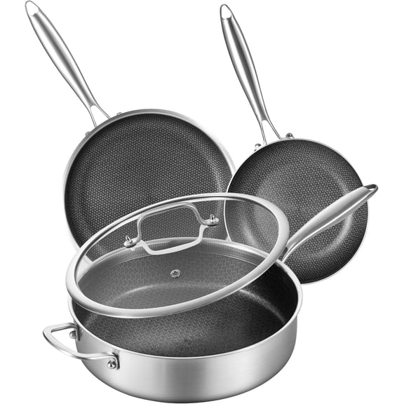 6 QT Tri-Ply Stainless Steel Non Stick Saute Pan with Lid and 8-10 Inch Frying Pan,Induction Hybrid Cookware Set, Oven Safe and Detachable Handle