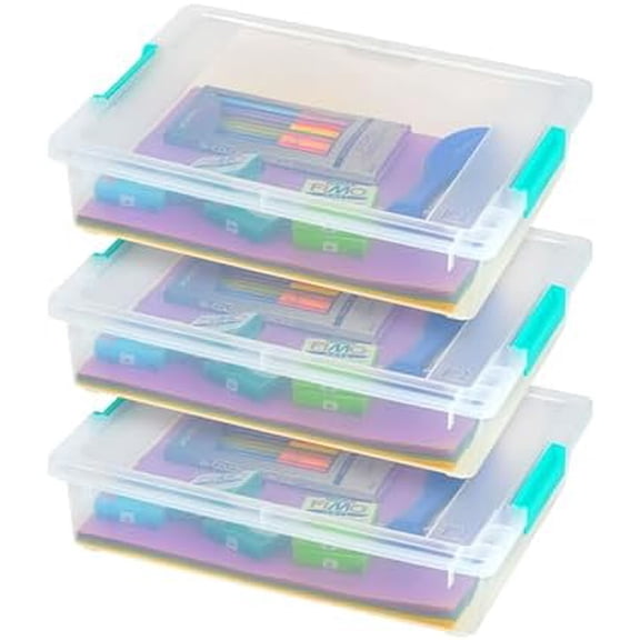 6 Qt. Craft Storage Bins with Lids, 3-Pack, |Made in USA|, Clip Box, Small Plastic Sensory Bin Tote Organizer Containers for Art Supplies, Paper, & Office, Stackable - Clear/Seafoam Blue
