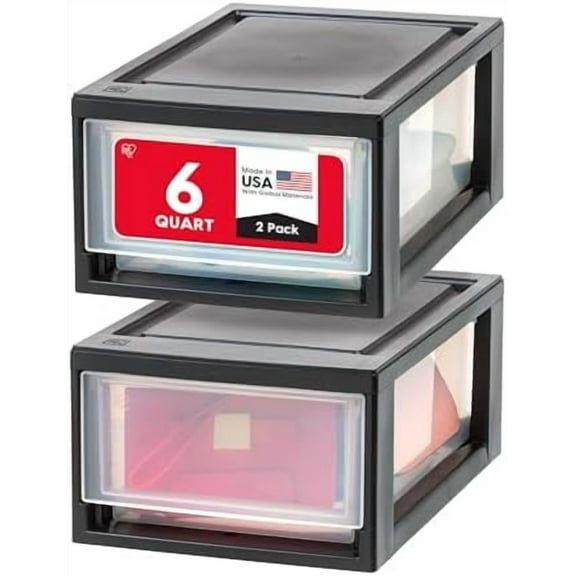 6 Qt. Plastic Drawer Storage Organizer Stacking Drawers, 2-Pack, Stackable Unit with Sliding Drawer for Bedroom Kitchen Under Sink Pantry Craft Room Bathroom Dorm Office, Black