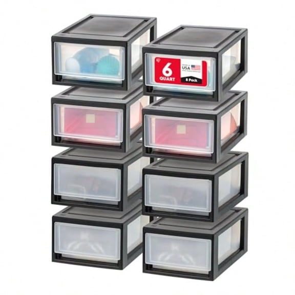 6 Qt. Plastic Drawer Storage Organizer Stacking Drawers 8-Pack Stackable Unit with Sliding Drawer for Clothes Bedroom Kitchen Under Sink Pantry Craft Room Bathroom Dorm Office Black