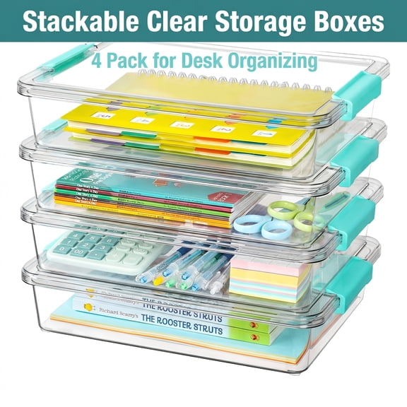 6 Qt Plastic Storage Bins with Lids, 4 Pack Clear Bins, Multi-Purpose Organizers And Storage, Stackable Containers for Office, Bedroom, Storage Room