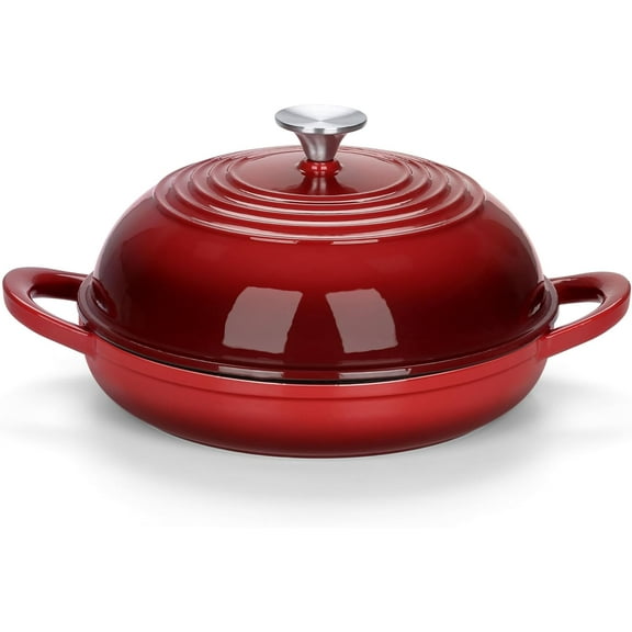 6 Qt Round Enameled Cast Iron Dutch Oven for Sourdough Bread Baking, Homemade Artisan Bread, Dome Lid & Shallow Base, Matte Black Interior & Durable, Oven-Safe to 500, Red