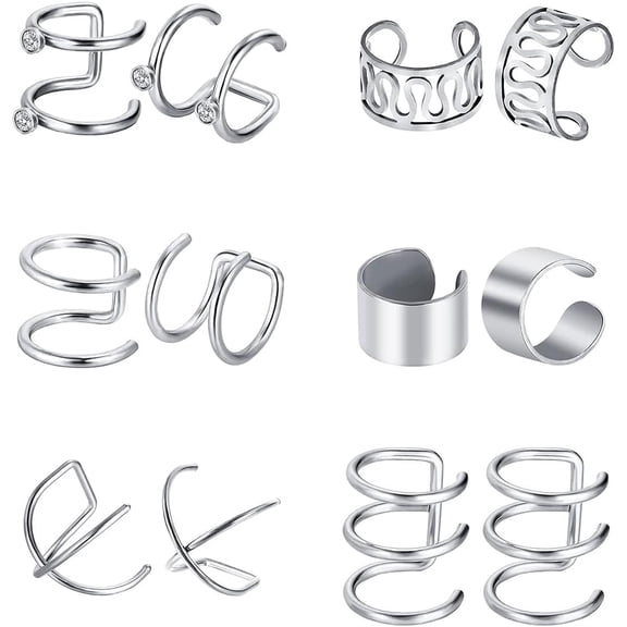 6 Quality Pairs Stainless Steel Ear Clips Non Piercing Earrings Hoop Ear Cuffs Cartilage Ear Clips Set for Men Women, 6 Various Styles[q523]