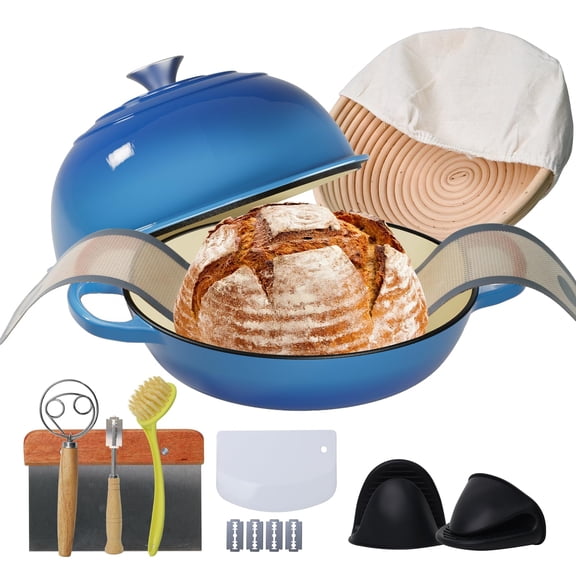 6 Quart Blue Cast Iron Dutch Oven with Proofing Basket and Baking Accessories