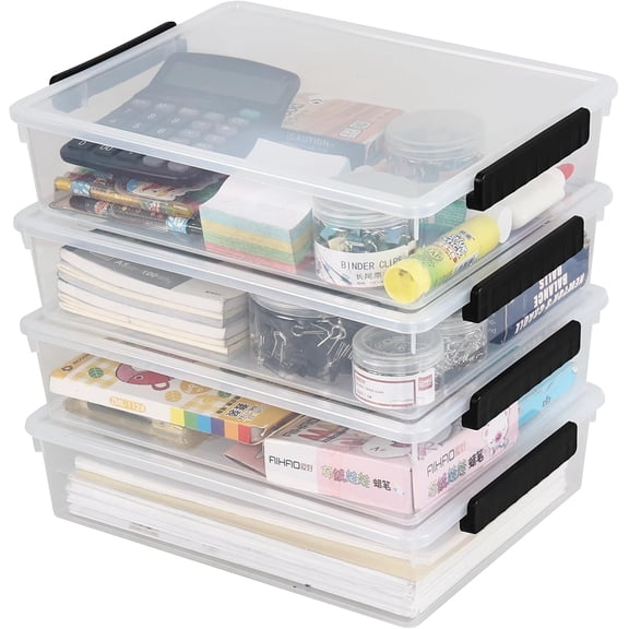 6 Quart Clear Flat Organizer Box with Lid, Plastic File Storage Bin, 4 Pack