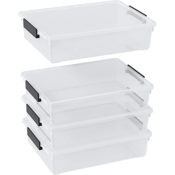 6 Quart Clear Plastic Storage Bins with Latching Lids, 4-Pack | Stackable Storage Box Containers for A4 Paper Document Craft