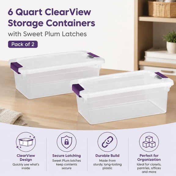 6 Quart Clear Plastic Storage Containers with Latch Locks and Plum Handles, Set of 2 Durable Stackable Bins