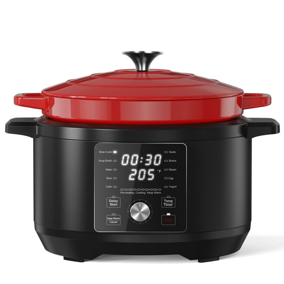 6-Quart Electric Round Dutch Oven, 5-in-1: Braise, Slow Cook, Sear/Sauté, Cooking Pan, Food Warmer, Enameled Cast Iron, Included Recipe Book, Red