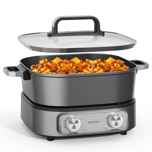 6 Quart Electric Skillet, Hot Pot 6QT | Non-Stick PFOA-Free Ceramic-Coated Pot, 1600W, Timer & 3 Power Settings for Steak, Egg, Ramen, Nonstick Pot