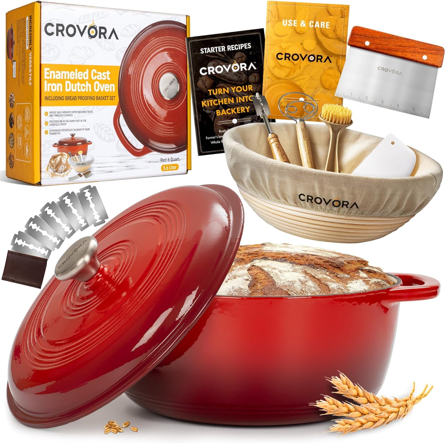 6 Quart Enameled Cast Iron Dutch Oven Pot with Lid + 10" Bread