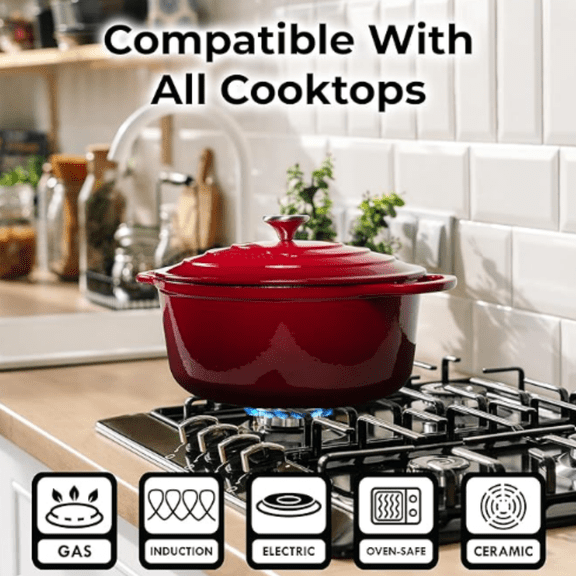 6 Quart Enameled Cast Iron Dutch Oven Pot with Lid Premium Durability & Oven up to 500F Heavy Duty Cookware Perfect for Bread Baking, Stews, Braising & Roasting Red