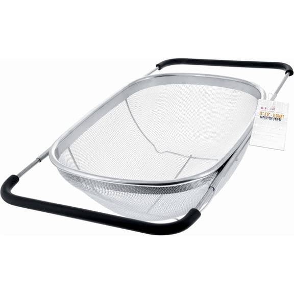 6 Quart Expandable Over Sink Colander, 13 x 9 Inch Stainless Steel Fine Mesh Strainer with Adjustable Rubber Handles, Collapsible Dishwasher Safe Basket for Pasta Rice Fruits Vegetables Washing
