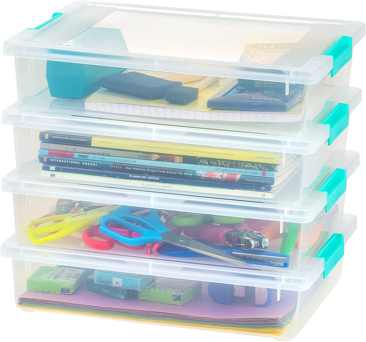 Clear Plastic Stackable Storage Bins with Seafoam Blue Lids, 4 Pack