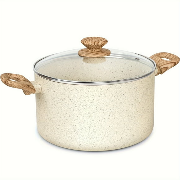 6-Quart Nonstick Stock Pot with Lid - Granite White Aluminum, Stay-Cool Handles - Induction Compatible for Soups/Stews - PFOA-Free, Easy Clean (Wooden Handle Grip)