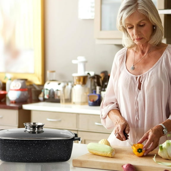 6 Quart Oval Roaster Pot with Lid, 12"x8.3" Die Cast Aluminum Chicken Roaster, Induction, Gas & Ceramic Cooktop Compatible, Hard Anodized Nonstick Roasting Pan With Lid, Oven Safe