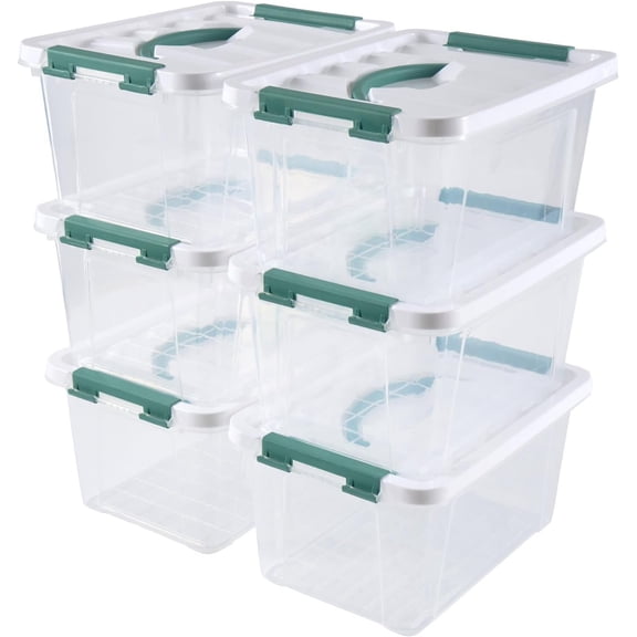 6 Quart Plastic Stackable Storage Latch Bins,Clear Latching Box with Handle and Lid,Pack of 6 (Green Handle)