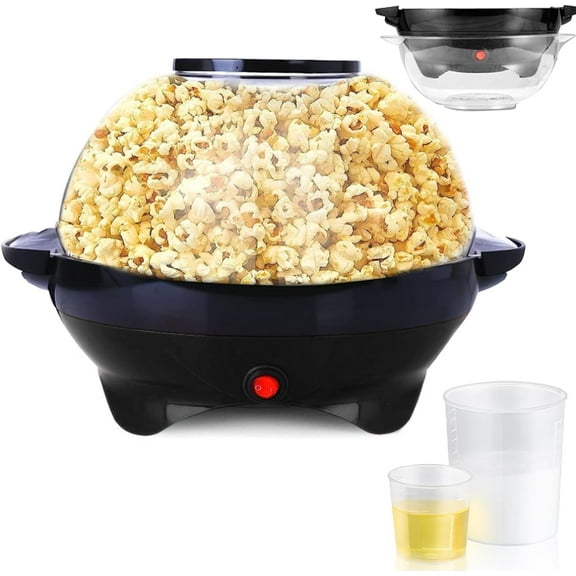6 Quart Popcorn Machine Stir Crazy Popcorn Popper Machine Electric Hot Oil Popcorn Maker Machine with Nonstick Plate & Stirring Rod Large Lid for Serving Bowl Black