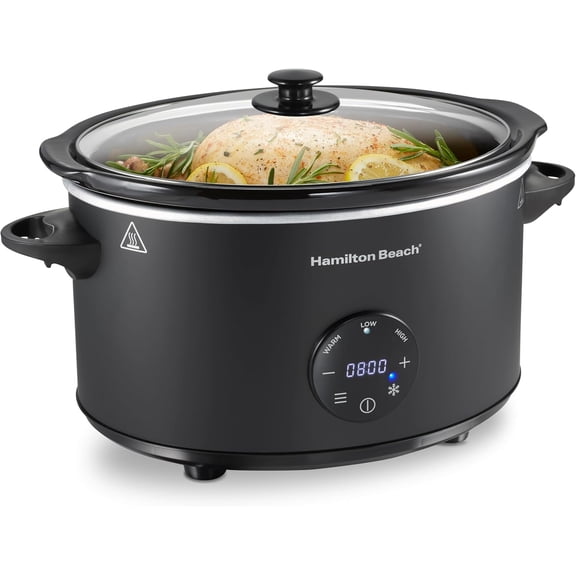 6 Quart Set & Forget Programmable Slow Cooker with Defrost Function, Flexible Programming, Adjustable Countdown Timer, Large Dishwasher Safe Stoneware Crock and Glass Lid, Black (33765)