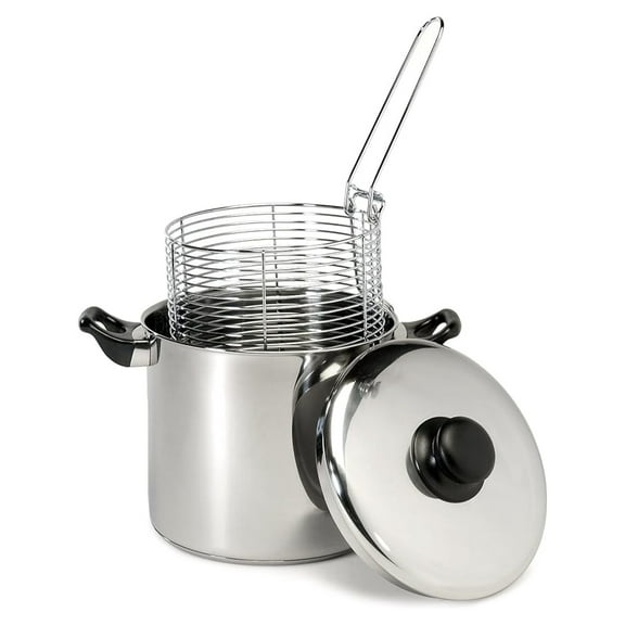 6 Quart Stainless Steel Deep Fryer - Stove Top Fryer with Basket - Silver - Stockpot Style - Even Heat Distribution - Kitchen Cooking Equipment