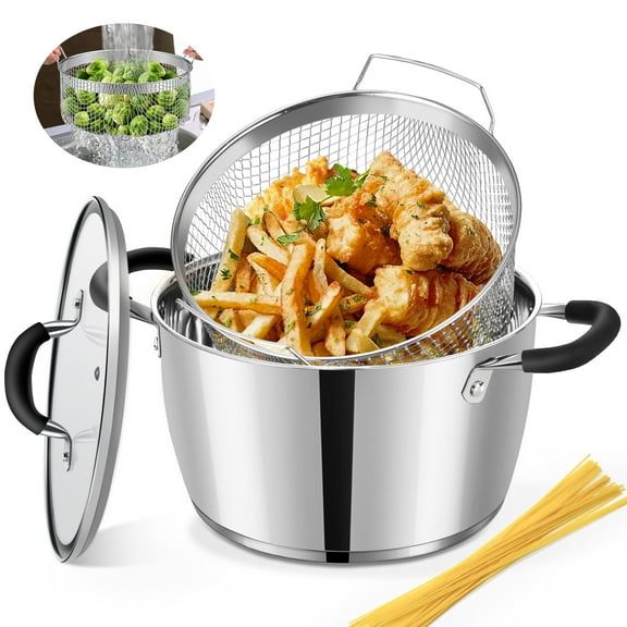 6 Quart Stainless Steel Stockpot with Deep Fryer Basket, Stainless Steel Pot with Lid, 6QT Large Stock Pot, Induction Ready, Compatible with All Stoves, Dishwasher Safe