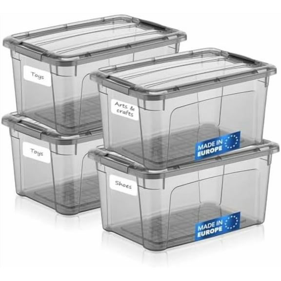 6 Quart Storage Containers with Lids, Plastic Storage Bins with Latching Lids For Organizing - Tinted - (11.5 x 8 x 6) - Set of 4 - Made in EU$$Home Decor, Kitchen, & Other