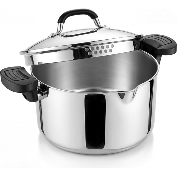 6 Quart Tri-Ply Stainless Steel Pasta Pot, Multipurpose Stock Pot with Strainer Lid and Lockable Handles, Universal for All Cooktops, Dishwasher Safe