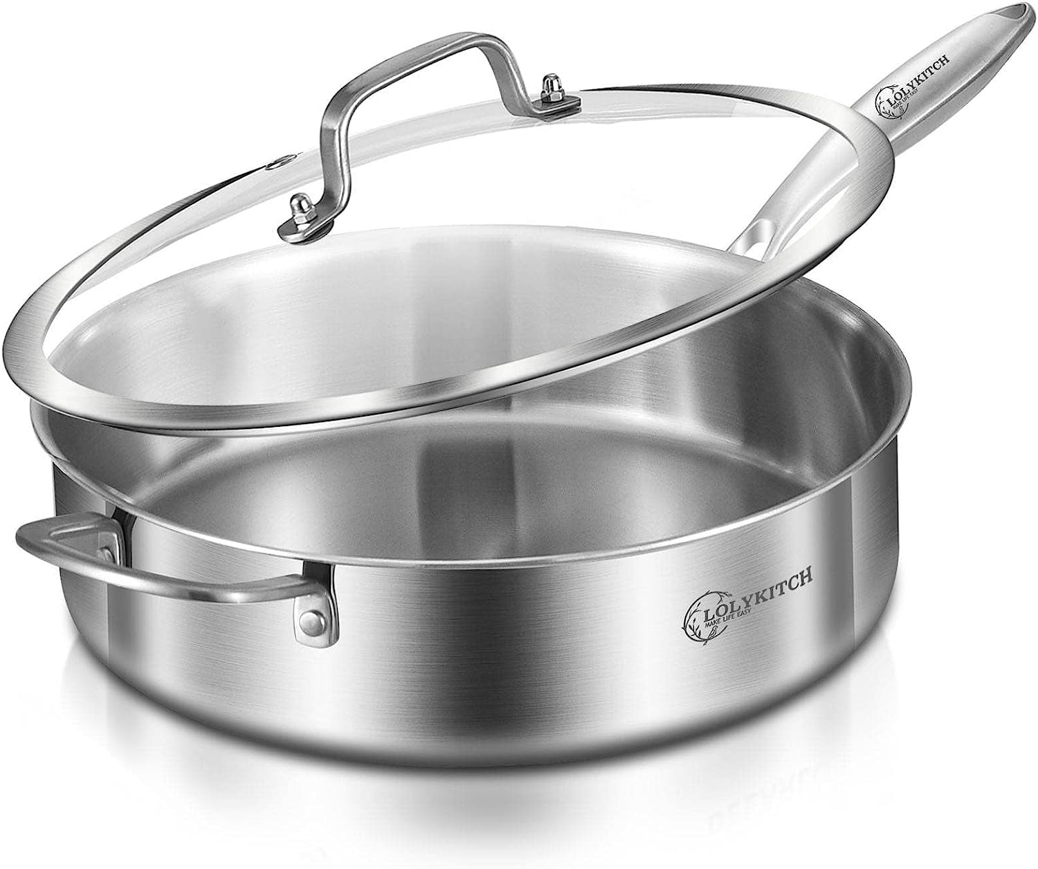6 Quart Whole Body TriPly Stainless Steel Deep Saute Pan,Deep Fry Pan With Glass Lid,Jumbo