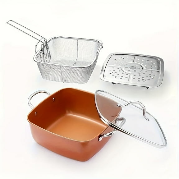 6 Quart XL Nonstick Copper Deep Square All In One 6 Qt Casserole Chef'S Pan & Stock Pot- 4pcs Set, Includes Frying Basket And Steamer Tray, Dishwasher Safe