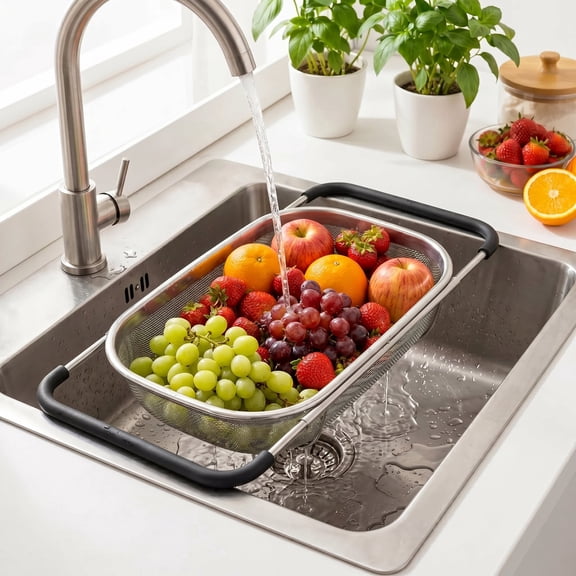 6 Quarts Fine Mesh Stainless Steel Colander, Over the Sink Colander, Expandable Rubber Grip Handle with Stainless steel colander strainer