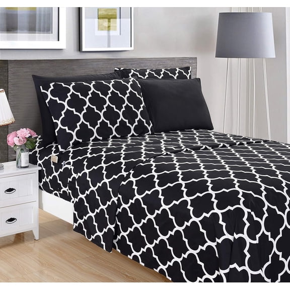 6- Quatrefoil Printed Deep Pocket Bed Sheet Set, Luxurious Silky 1500 Thread Count Bed Sheet Set Ultra Soft Wrinkle Resistant Bedding Set, Full, Black