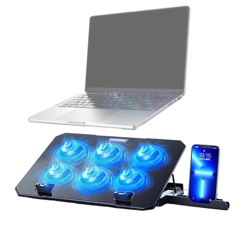 Laptop Cooling Pad LED Gaming Laptop Cooling 6 Quiet Fan Adjustable Height Stand with 2 USB Port Phone Holder