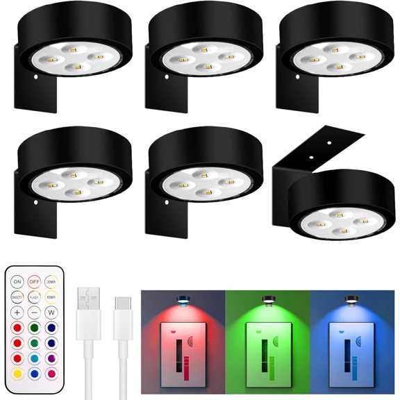 6  RGBW Picture Lights for Wall,    Poster Lights, Remote Dimmable Timer Painting Light,  Wall Room Decor Light for Art Display, Frame, Black