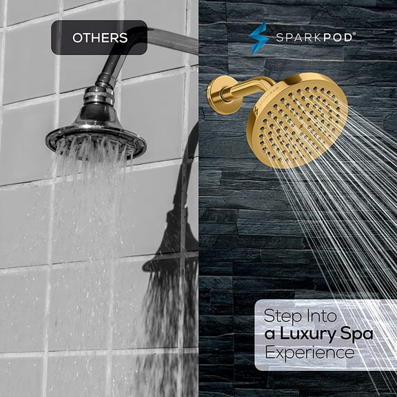 6" Rain Shower Head with 6" Shower Arm - High Pressure Rain - Luxury Modern Look - No Hassle Tool-less 1-Min Installation - Water Saving Shower Head - Luxury Spa Experience (Egyptian Gold)