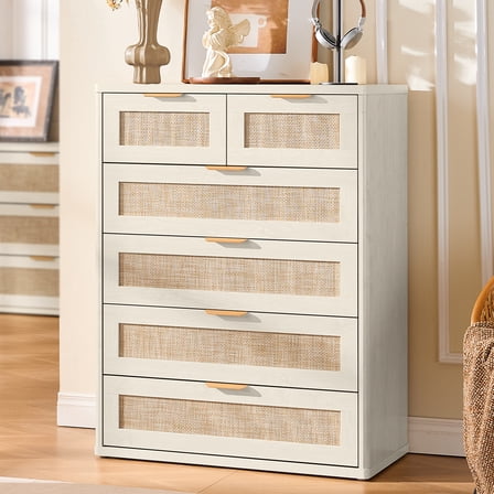 6 Rattan Drawer Dresser, Rustic White Dressers for Bedroom with Chest of Drawers, Wooden Cabinet for Bedroom, Living Room, Entryway