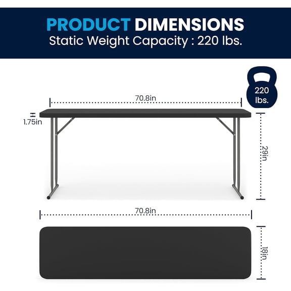 6' Rectangular Plastic Folding Table, Long Foldable Table for Indoor Outdoor Events
