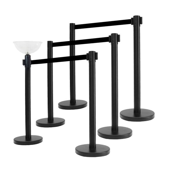 6 Retractable Belt Stanchions with Black Belt + 1 Stanchion Bowl, VIP Crowd Control