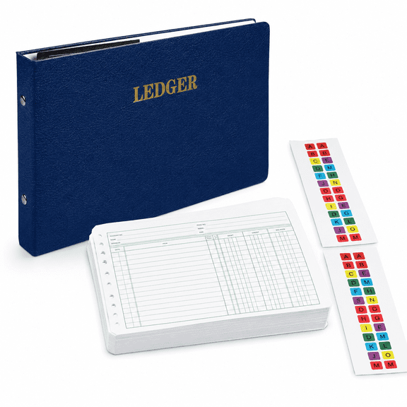 6-Ring Accounting Ledger Binder with 200 Ledger Sheets and Index Tabs, Debit Credit Balance Columns, Blue