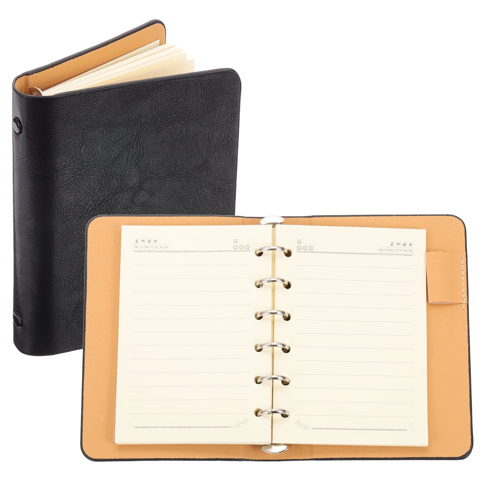 6 Ring Binder Cover, A7 Leather Notebook Binder Mini Refillable Loose Leaf Personal Planner with 50 Sheets Line Paper, Black