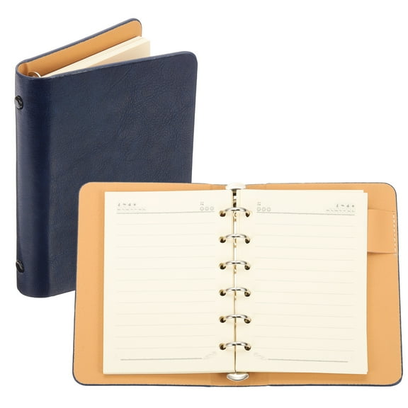 6 Ring Binder Cover, A7 Leather Notebook Binder Mini Refillable Loose Leaf Personal Planner with 50 Sheets Line Paper, Blue